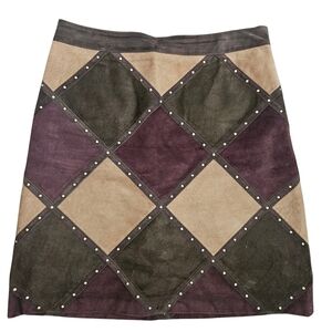Worth New York Burgandy Green Suede Skirt Size 4 Studs Argyle Diamond Patchwork
